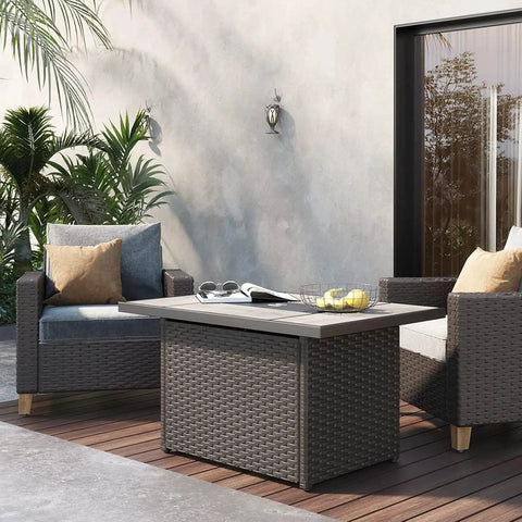 43 Inch Outdoor Gas Fire Pit Table With 60,000 BTU Propane Heat, CSA Safety Approved, Rectangle Fire Pit With Ceramic Tile Top And Wicker Base