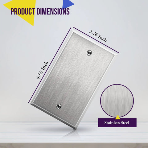 Heavy Duty Stainless Steel Blank Wall Plate 1 Gang 4.50 by 2.76 Inches, Corrosion Resistant UL Listed 430 Stainless, Durable Metal Outlet Cover shown with dimensions