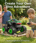 Boy playing with Dino Monster Truck RC With LED Lights And Roaring Sound, 1 To 20 Scale All Terrain Toy Vehicle.