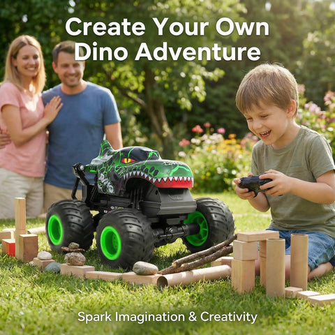 Boy playing with Dino Monster Truck RC With LED Lights And Roaring Sound, 1 To 20 Scale All Terrain Toy Vehicle.
