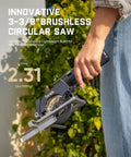 Compact Mini Cordless Circular Saw With A 3 3/8 Inch Blade And Brushless Motor held in hand with foliage background.