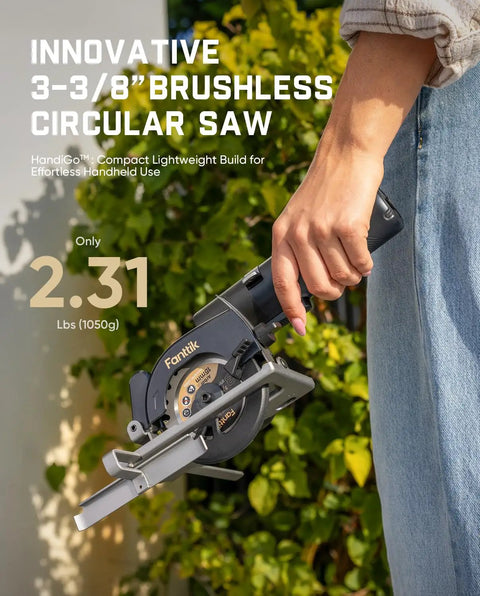 Compact Mini Cordless Circular Saw With A 3 3/8 Inch Blade And Brushless Motor held in hand with foliage background.