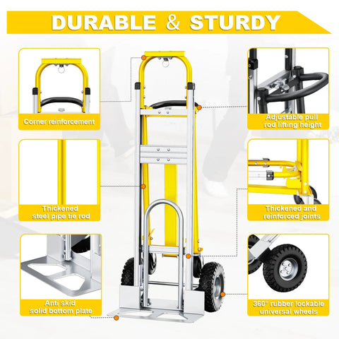 Close-up of Heavy Duty 4 In 1 Convertible Hand Truck Dolly Cart with adjustable handle and durable wheels for easy moving.