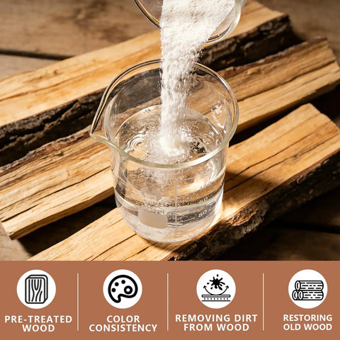 Pouring Oxalic Acid Wood Bleach Powder into water, used for restoring old wood and removing stains from furniture.