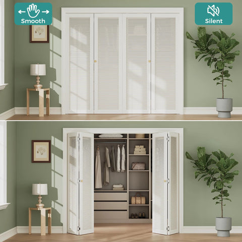 Bi-fold doors in bedroom closed and open with 12-Piece Bifold Door Hardware Kit For 1-Inch Track Replacement installed visibly.