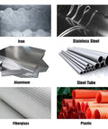Iron, stainless steel, aluminum sheets, steel tubes, fiberglass material, and plastic pipes displayed together.