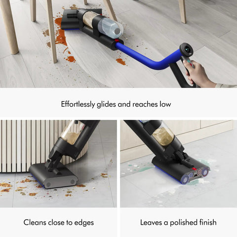WashG1 Wet Cleaner For Hard Floors with Dual Motorized Rollers cleaning spill on tile, shown in Ultra Blue and Matte Black finish