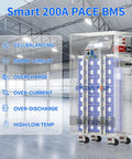 Smart 200A PACE BMS for 48V 300Ah LiFePO4 Lithium Battery with user interface, visible wiring, and safety indicators.