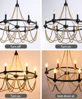 Natural Boho 28 Inch Chandelier With Wooden Bead Tassels And Rust Iron Black Wagon Wheel Frame, 6 Light, turned on and off views