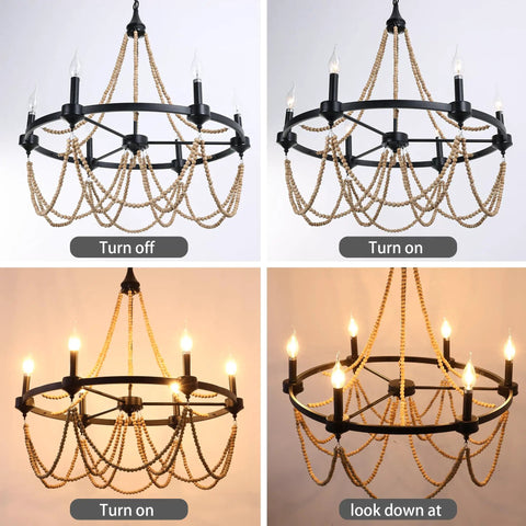 Natural Boho 28 Inch Chandelier With Wooden Bead Tassels And Rust Iron Black Wagon Wheel Frame, 6 Light, turned on and off views