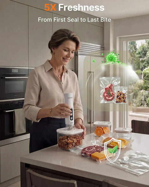 Woman using Compact Food Vacuum Sealer With 65KPa Suction, Auto And Manual Modes in kitchen with containers and bags.