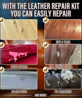 Leather And Vinyl Repair Kit for Furniture, Sofa, Jacket, Car Seats And Purse, showing repair examples for scratches and tears.
