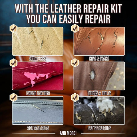 Leather And Vinyl Repair Kit for Furniture, Sofa, Jacket, Car Seats And Purse, showing repair examples for scratches and tears.