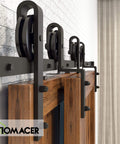 Black Rustic One Track Bypass Sliding Barn Door Hardware Kit For Double Doors With 8 Foot Flat Track And Spoke Wheel Rollers