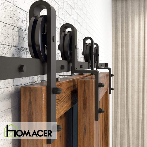 Black Rustic One Track Bypass Sliding Barn Door Hardware Kit For Double Doors With 8 Foot Flat Track And Spoke Wheel Rollers