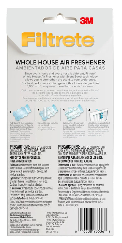 Back of Filtrete whole house air freshener package showing instructions and precautions.