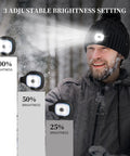 Man wearing Unisex Winter Beanie With Built In LED Light Headlamp Hat USB Rechargeable, in snowy forest, showing 3 brightness settings.