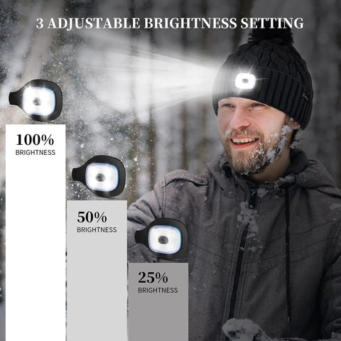 Man wearing Unisex Winter Beanie With Built In LED Light Headlamp Hat USB Rechargeable, in snowy forest, showing 3 brightness settings.