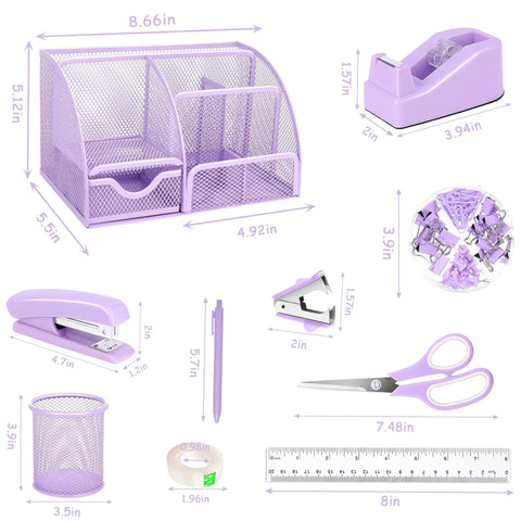 Purple Desk Organizer Set 12 Pieces With Tape Dispenser Stapler Staples Staple Remover Pen Holder Scissors Ruler Sticky Tabs Tape