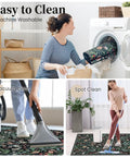 Woman washing dark floral rug in machine, vacuuming, and mopping floors, demonstrating cleaning versatility.