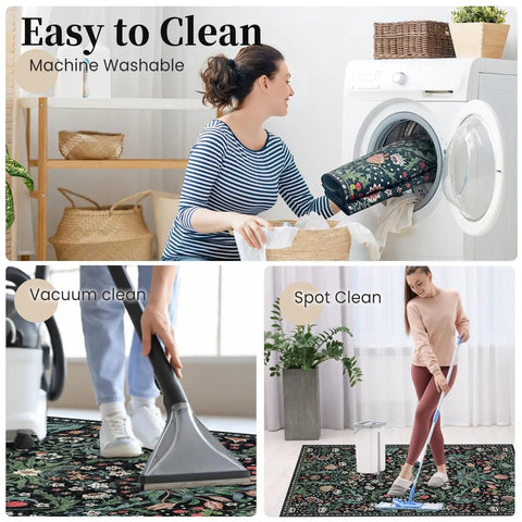 Woman washing dark floral rug in machine, vacuuming, and mopping floors, demonstrating cleaning versatility.