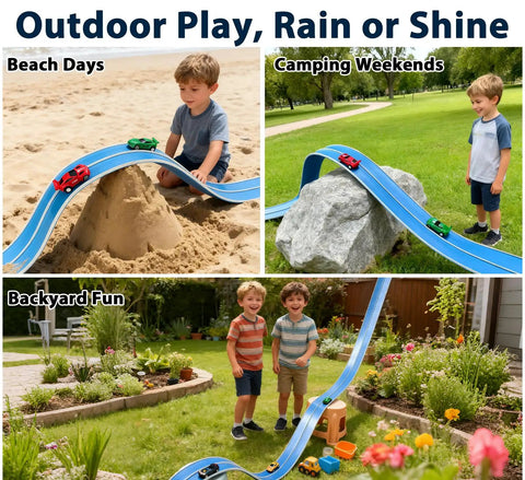 Kids playing with 15 Ft Flexible Race Car Track Starter Set outdoors; beach, camping, and backyard with Daytona Blue finish.