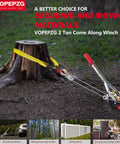 Heavy Duty Workhorse Come Along Winch 2 Ton Capacity With 12 Foot Steel Cable Dual Gear System And 2 Hooks For Vehicle Recovery Fence Stretching Tree Pulling Log Lifting Trailer Loading And More, shown pulling a tree stump