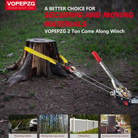 Heavy Duty Workhorse Come Along Winch 2 Ton Capacity With 12 Foot Steel Cable Dual Gear System And 2 Hooks For Vehicle Recovery Fence Stretching Tree Pulling Log Lifting Trailer Loading And More, shown pulling a tree stump