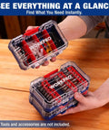 Three Piece Small Parts Organizer Set With Portable Stackable Hardware Storage Case Removable Dividers And Clear Lid