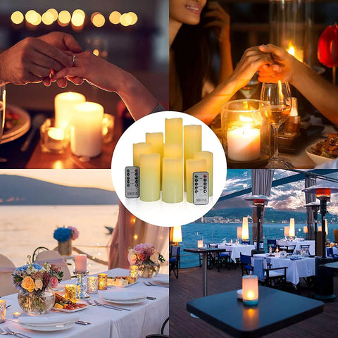Flameless Battery Operated LED Pillar Candles Set Of Nine With Remote And 24 Hour Timer in home and outdoor dining settings