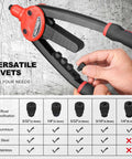 Heavy Duty Pop Rivet Gun 13 Inch Pro Hand Riveter With Automatic Rebound Spring shown with interchangeable nosepieces for various rivets.