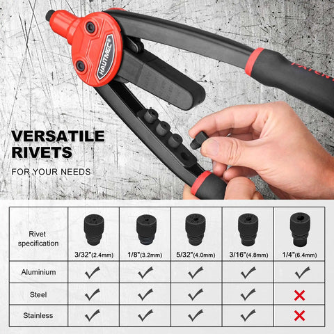 Heavy Duty Pop Rivet Gun 13 Inch Pro Hand Riveter With Automatic Rebound Spring shown with interchangeable nosepieces for various rivets.