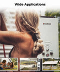 Woman using Propane Portable Tankless Water Heater 1.58 GPM On Demand Gas Heater For Outdoor Use with shower attachment