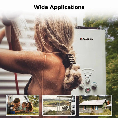 Woman using Propane Portable Tankless Water Heater 1.58 GPM On Demand Gas Heater For Outdoor Use with shower attachment