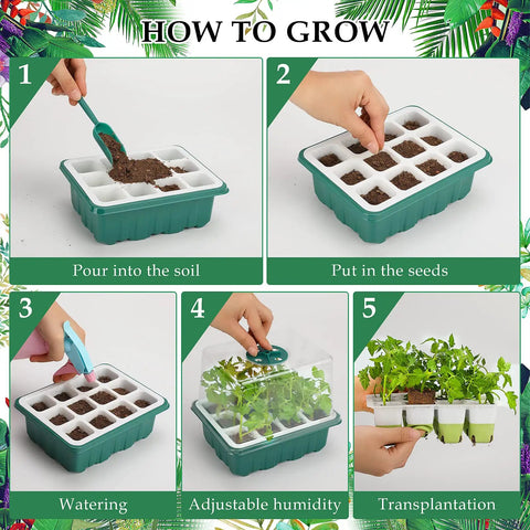 Indoor Seed Starter Kit With 48 Cells Flexible Silicone Trays Germination Tray With Humidity Dome And Lids Reusable Dishwasher Safe BPA Free No Fuss Transplant With Roots Intact For Beginner Gardeners showing how to grow process.