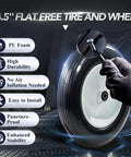 Close-up of Flat Free Wheelbarrow Tires 14.5 Inch with PU foam, showing puncture-proof features and steel rim.