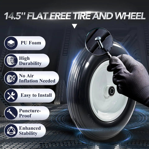 Close-up of Flat Free Wheelbarrow Tires 14.5 Inch with PU foam, showing puncture-proof features and steel rim.