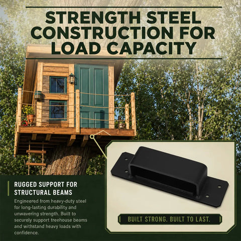Built Tough Heavy Duty Treehouse Bracket With Floating Connection Design For Independent Tree Movement Fits 1.25 X 15 Inch Lag Bolts Or 1.25 Inch Tabs Outdoor Tree Support System Birdhouse Mounting Playground Construction. Black steel treehouse bracket for structural beams and heavy loads