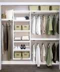 Heavy Duty Solid Wood Closet Storage Rack With Wide Shelves And Hanging Rods Straight Up Kickin Up Your Reach In Space Cut To Fit Any Pantry Or Laundry Closet White in organized closet display with clothes and storage baskets.
