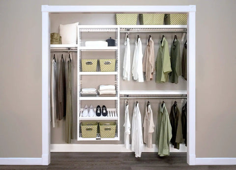 Heavy Duty Solid Wood Closet Storage Rack With Wide Shelves And Hanging Rods Straight Up Kickin Up Your Reach In Space Cut To Fit Any Pantry Or Laundry Closet White in organized closet display with clothes and storage baskets.