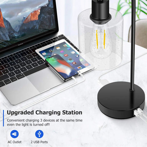 Cool Industrial Seeded Glass Table Lamps Set Of 2 With Touch Control, lamp base with USB ports and devices charging