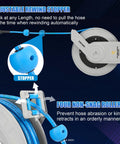 Heavy Duty 100 Ft Retractable Pressure Washer Hose Reel With Auto Rewind One Quarter Inch Hose Wall Mounted 3600 PSI Compatible Tangle Free Storage For Power Washers And Easy Clean Up showing adjustable rewind stopper and non-snag rollers
