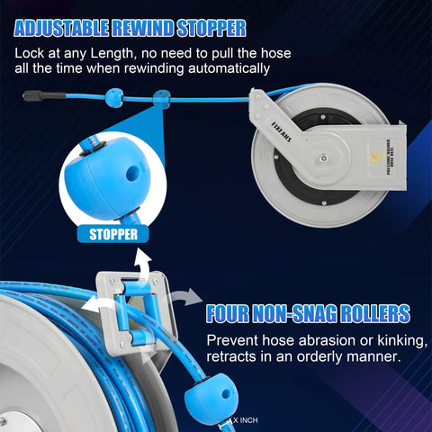 Heavy Duty 100 Ft Retractable Pressure Washer Hose Reel With Auto Rewind One Quarter Inch Hose Wall Mounted 3600 PSI Compatible Tangle Free Storage For Power Washers And Easy Clean Up showing adjustable rewind stopper and non-snag rollers