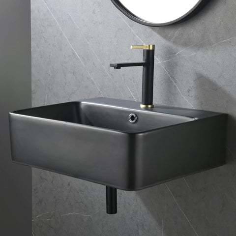 Black Ceramic Rectangular Wall Mount Sink 21 By 17 Inches Vessel Style Bathroom Vanity With Sleek Modern Floating Or Countertop Lavatory