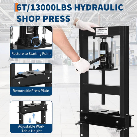 6 Ton H Frame Hydraulic Floor Shop Press For Heavy Duty Automotive And Metalworking Tasks With Adjustable Plates For Bending Straightening Bearing Removal And U Joint Repair, black steel frame