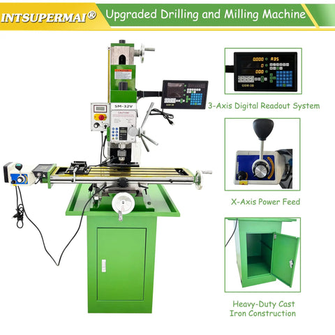 IntSupermai 1500W Brushless Vertical Mill Drill Machine R8 Taper 50-2250 RPM Variable Speed benchtop setup with controls and features.