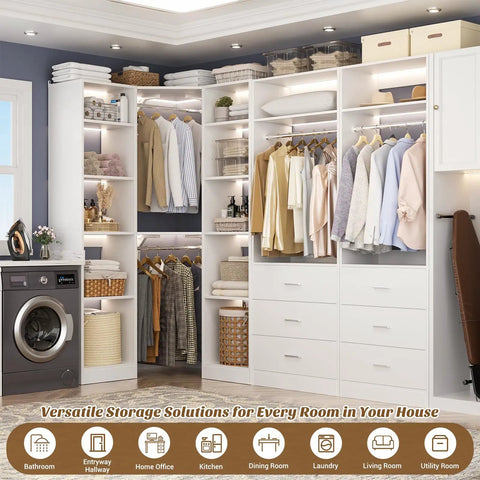 Hella Spacious Corner Closet Organizer Featuring Heavy Duty Drawers And Ample Shelving For Big Time Wardrobe Management To Quickly Square Away Your Cluttered Nooks Today with hanging clothes and baskets.