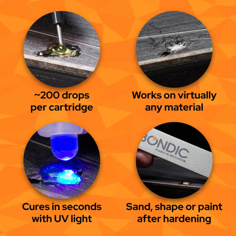 LED UV Liquid Plastic Welder Refills Two 4g Cartridges For Quick Cure Repairs showcasing use on different materials