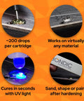 LED UV Liquid Plastic Welder Refills Pack 5x4g Cartridges highlighted with usage examples on various materials