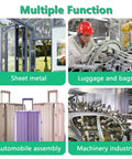 Collage of uses for Aluminum Pop Rivets Kit: sheet metal, luggage and bags, automobile assembly, machinery industry.
